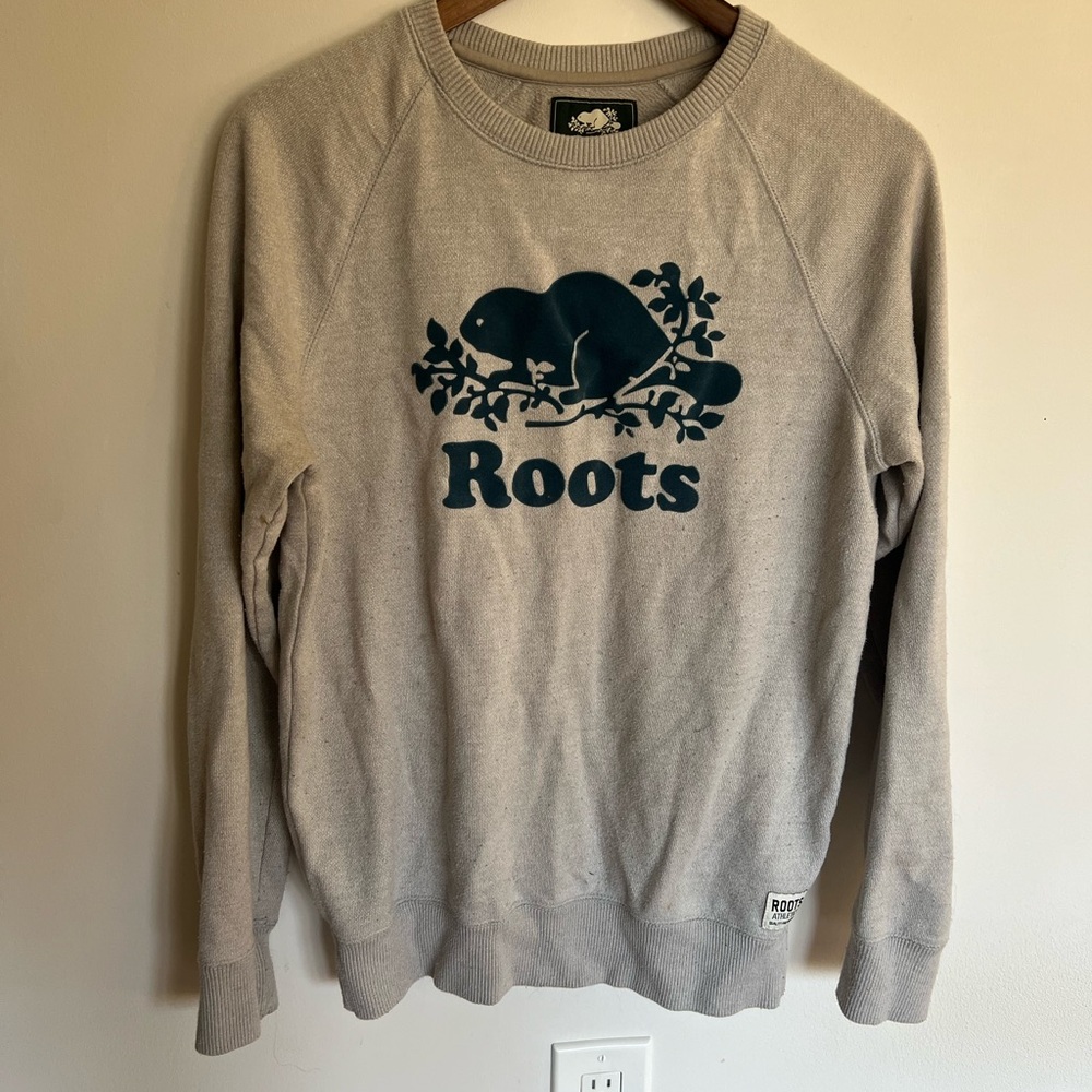 Roots Light Gray Crew Neck Sweater with Navy Logo